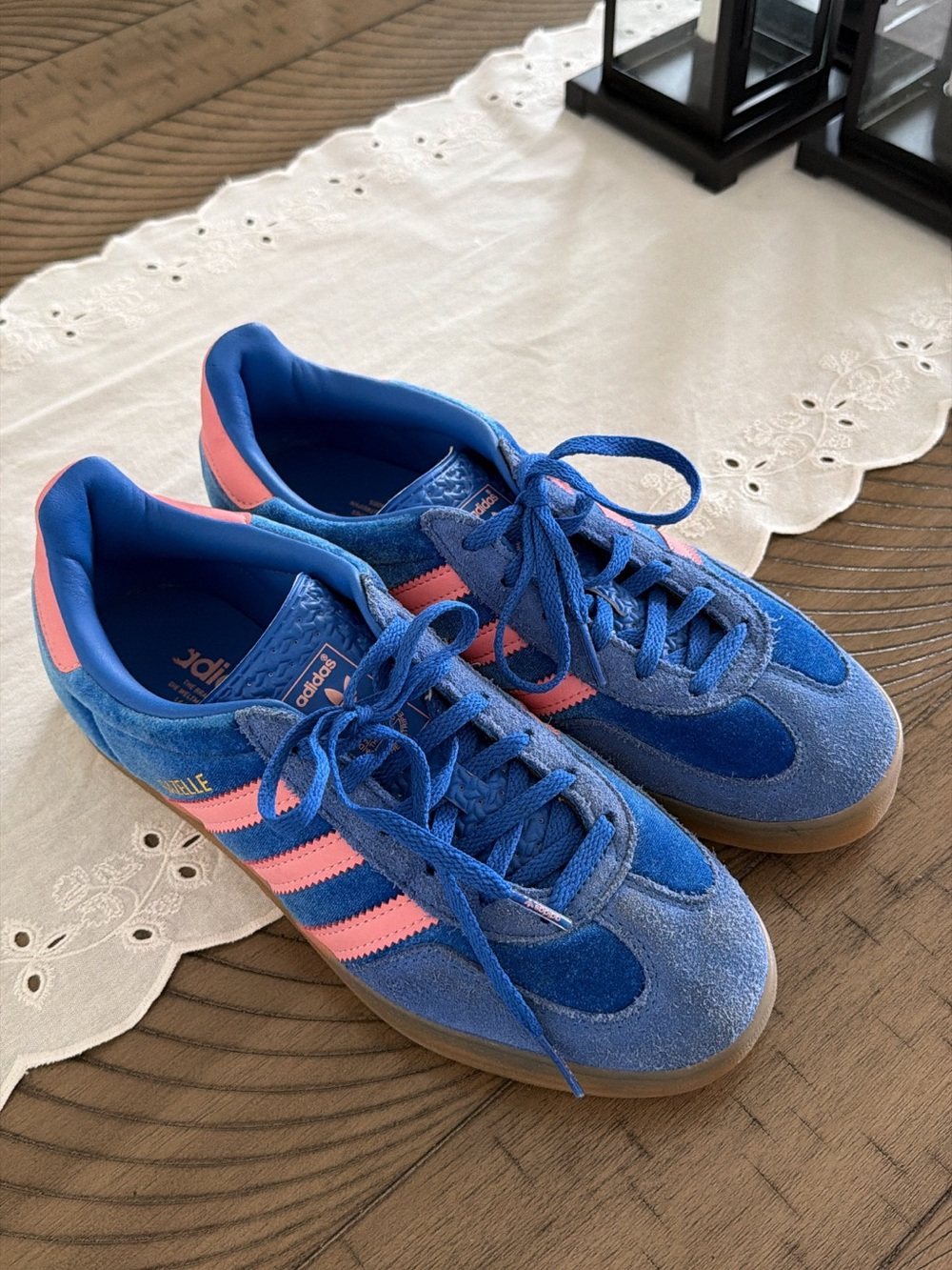 adidas Blue Suede Athletic Sneakers with Pink Stripes